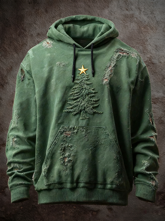 Men's Vintage Christmas Tree Art Print Casual Oversized Drop-Shoulder Hoodie with Pockets