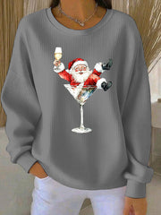 Women's Santa Claus and red wine glass print Ribbed Round-Neck Sweatshirt