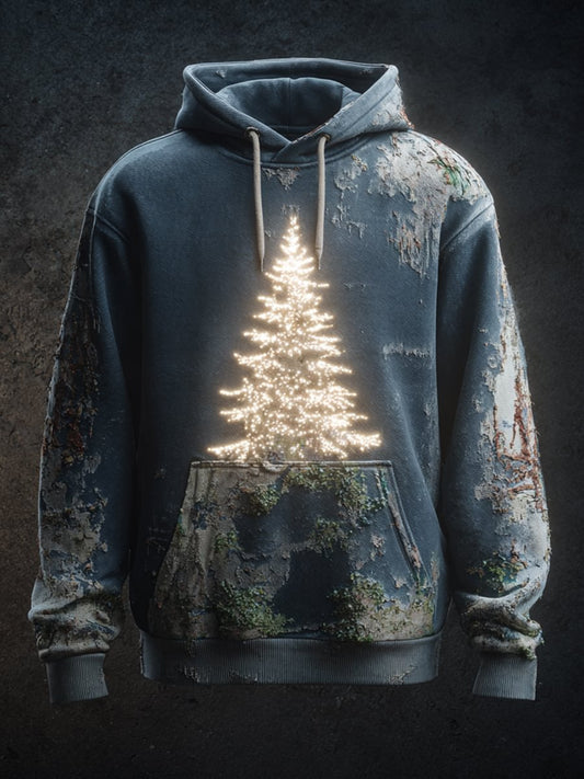 Men's Vintage Christmas Tree Art Print Casual Oversized Drop-Shoulder Hoodie with Pockets