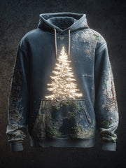 Men's Vintage Christmas Tree Art Print Casual Oversized Drop-Shoulder Hoodie with Pockets
