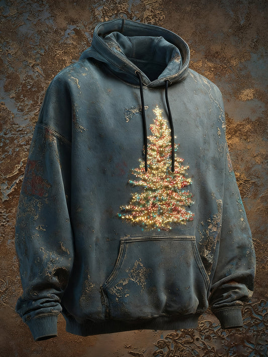 Men's Vintage Christmas Tree Art Print Casual Oversized Drop-Shoulder Hoodie with Pockets
