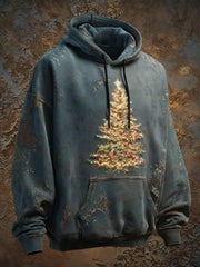 Men's Vintage Christmas Tree Art Print Casual Oversized Drop-Shoulder Hoodie with Pockets