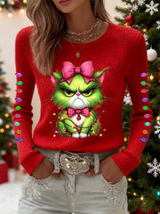 Women's Funny Christmas Grinch Cat Print Casual Waffle Top