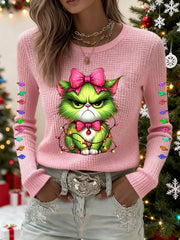 Women's Funny Christmas Grinch Cat Print Casual Waffle Top