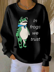 Women's In Frogs We Trust Polish Frog Print Ribbed Round-Neck Sweatshirt