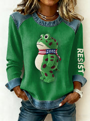Women's Portland Frog Printed Waffle and denim panelled sweatshirt