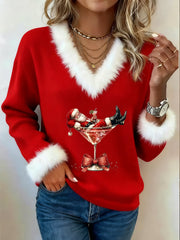 Women's Santa Claus sitting on a red wine glass printed fur collar top
