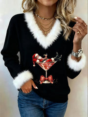 Women's Santa Claus sitting on a red wine glass printed fur collar top
