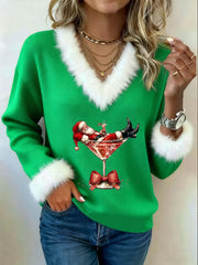 Women's Santa Claus sitting on a red wine glass printed fur collar top