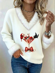 Women's Santa Claus sitting on a red wine glass printed fur collar top