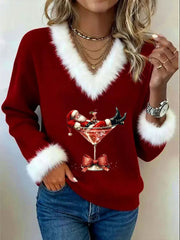 Women's Santa Claus sitting on a red wine glass printed fur collar top