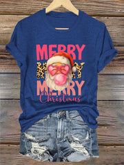 Women's Merry Christmas Santa Claus Print Casual Tee