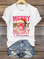 Women's Merry Christmas Santa Claus Print Casual Tee