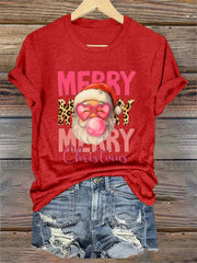 Women's Merry Christmas Santa Claus Print Casual Tee