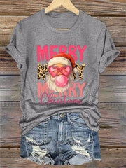 Women's Merry Christmas Santa Claus Print Casual Tee