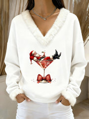 Women's Santa Claus sitting on a red wine glass printed fur collar top