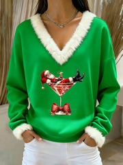 Women's Santa Claus sitting on a red wine glass printed fur collar top