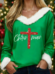 Women's Merry Christmas Christmas Cross Print Casual Fur-Collar Top