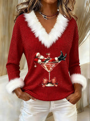 Women's Santa Claus sitting on a red wine glass printed fur collar Square fabric top