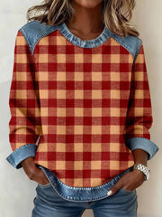 Women's Vintage Plaid Pattern Denim Patchwork Sweatshirt