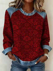 Women's floral denim collar sweatshirt