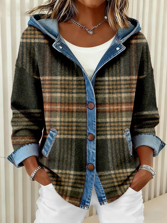 Women's Vintage Plaid Pattern Patchwork Art Hooded Cardigan
