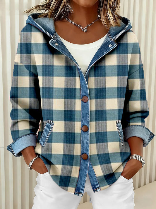 Women's Blue Plaid Pattern Patchwork Art Hooded Cardigan