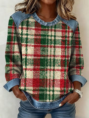 Women's Christmas Plaid Denim Collar Sweatshirt