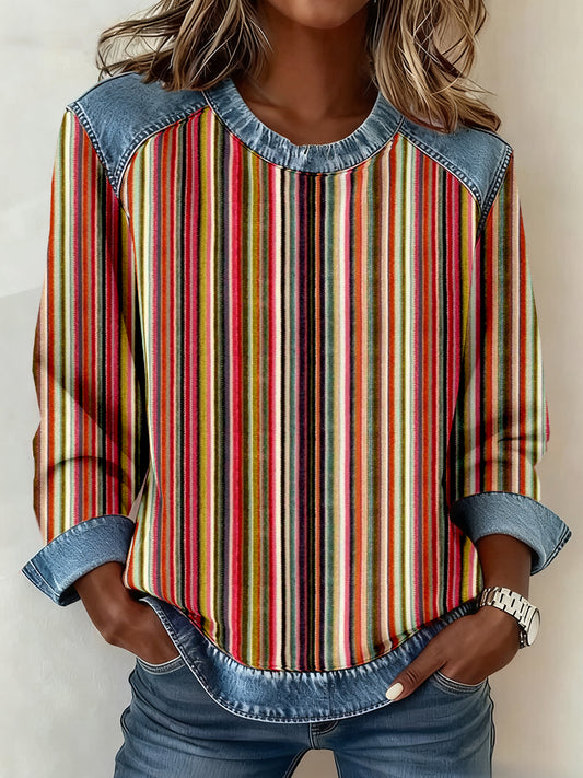 Women's Vintage Color Striped Pattern Patchwork Art Sweatshirt