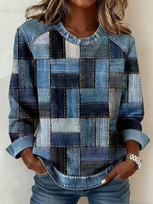 Women's Vintage Denim Texture Patchwork Art Sweatshirt
