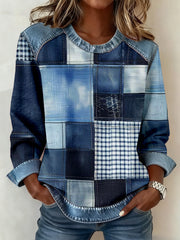 Women's Vintage Denim Texture Patchwork Art Sweatshirt