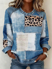 Women's Vintage Denim Texture Patchwork Art Sweatshirt