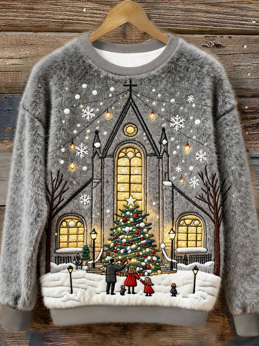 Women's Christmas Christmas House Art Christmas Tree Art Flannel Sweatshirt