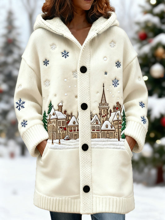 Women's Vintage Christmas Snow Scene Print Casual Hooded Cardigan