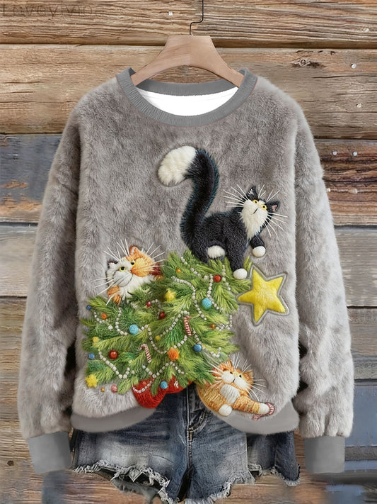 Women's Christmas Cat  Art Flannel Sweatshirt