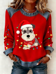 Women's Vintage Christmas Dog Denim Patchwork Sweatshirt