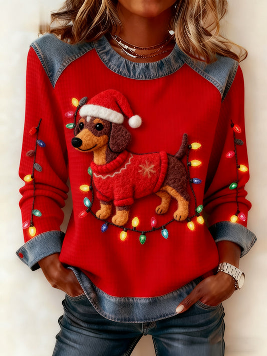 Women's Vintage Christmas Dog Denim Patchwork Sweatshirt