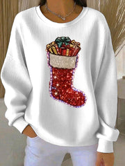 Women's Christmas stockings Print Ribbed Round-Neck Sweatshirt