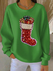 Women's Christmas stockings Print Ribbed Round-Neck Sweatshirt