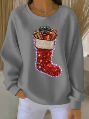 Women's Christmas stockings Print Ribbed Round-Neck Sweatshirt
