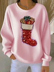 Women's Christmas stockings Print Ribbed Round-Neck Sweatshirt