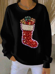Women's Christmas stockings Print Ribbed Round-Neck Sweatshirt