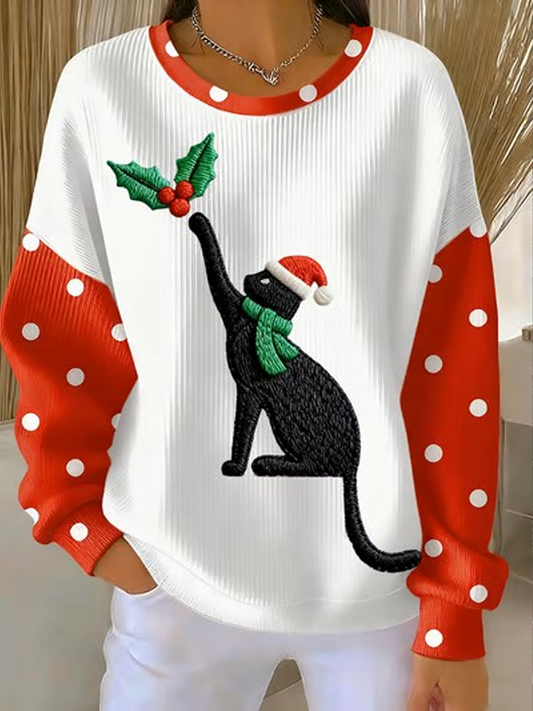 Women's Christmas cat print Ribbed Round-Neck Sweatshirt