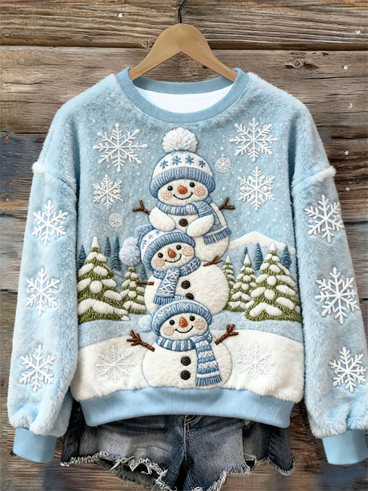 Women's Christmas Cute Snowman Snowflake Christmas Tree Art Flannel Sweatshirt