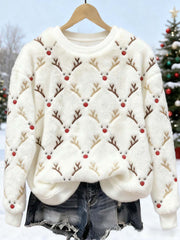 Women's Christmas Reindeer Embroidered Furry Sweatshirt