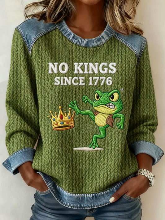 Women's Portland Frog Embroidered Print Denim Panel Sweatshirt