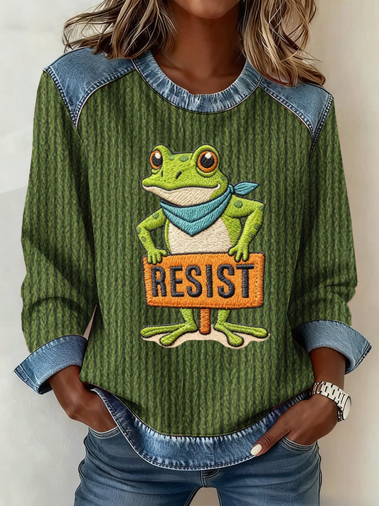 Women's Portland Frog Embroidered Print Denim Panel Sweatshirt