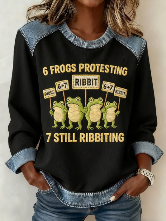 Women's Portland Frog Embroidered Print Denim Panel Sweatshirt