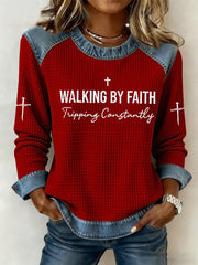 Women's Walking by Faith Tripping Constantly Cross Waffle Sweatshirt