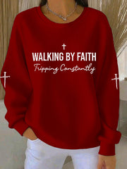 Women's Walking by Faith Tripping Constantly Cross Ribbed Round-Neck Sweatshirt